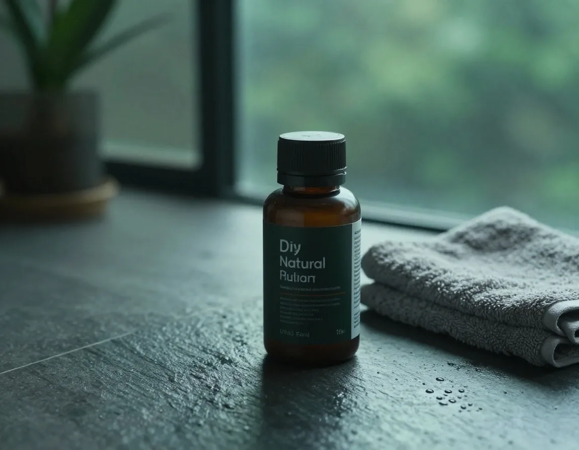 A plain natural-supplement container on a wet slate ledge with a folded towel at dawn
