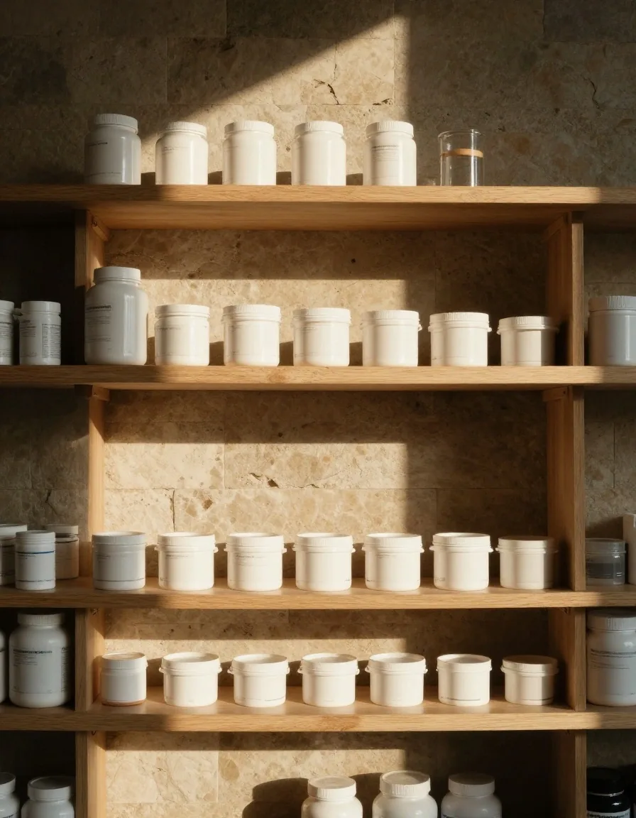 A shelf of plain supplement containers organised by format in a Jakarta office