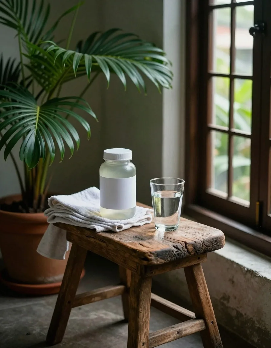 An editor reading the label on a natural-supplement container at a sunlit desk in Jakarta
