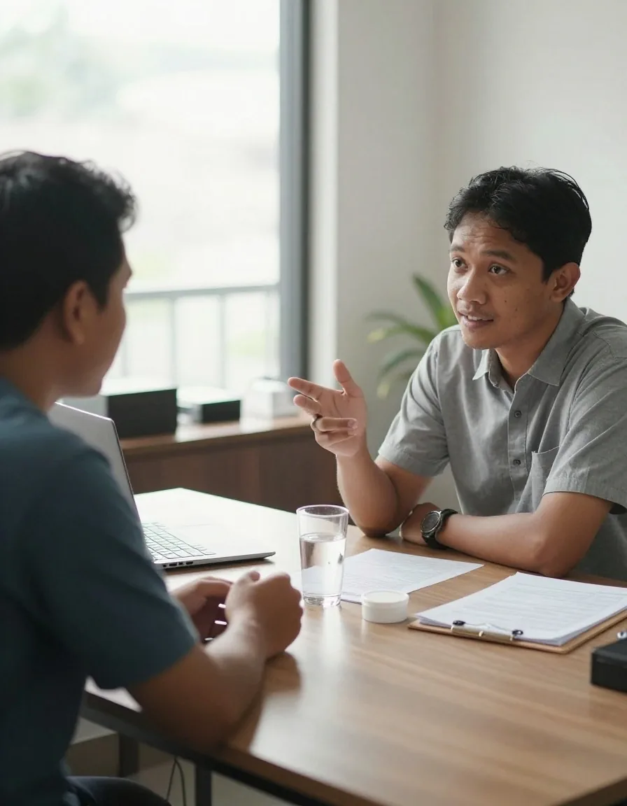 Two colleagues reviewing product notes together at a table in a Jakarta office