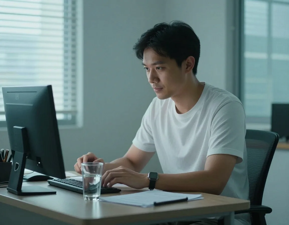 A PriaAlam editor answering a reader question about men's vitamin supplements at a desk in the Jakarta office