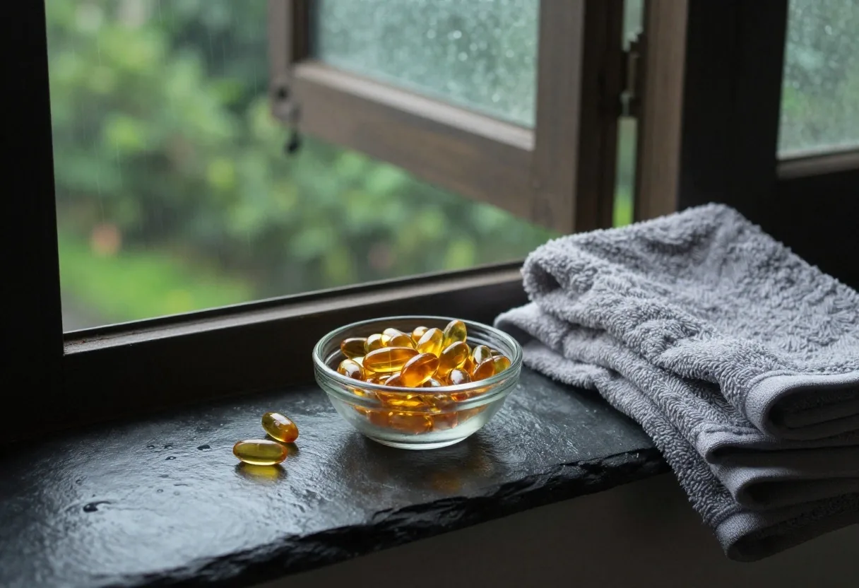 Natural capsules for strength and vitality tipped onto a slate surface beside a folded towel