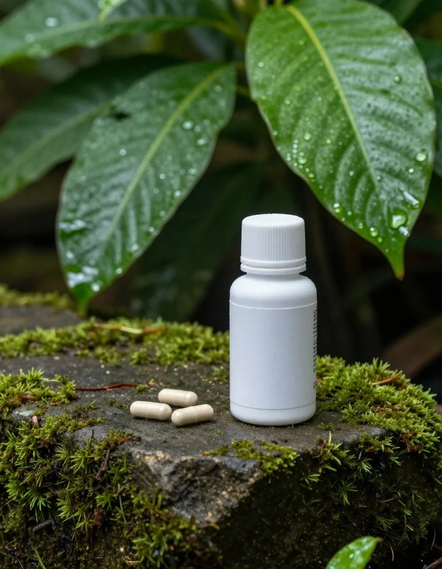 A natural-supplement bottle and capsules on a wet stone slab in dawn light