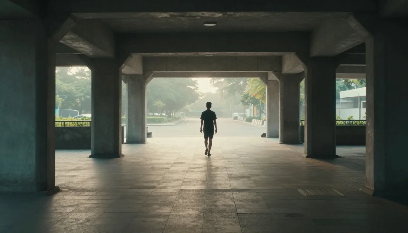 A man walking through a concrete corridor in Jakarta in the early morning light