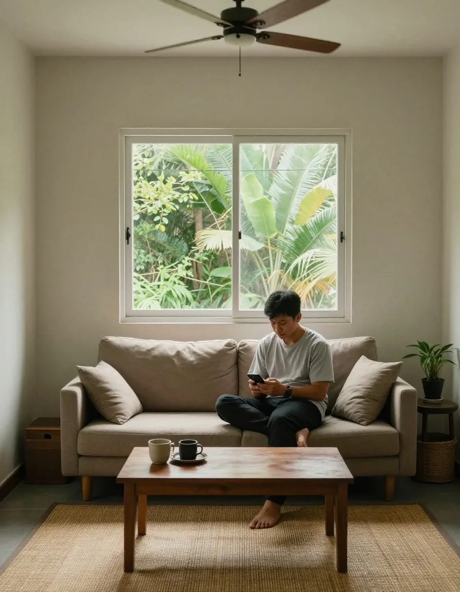 A man reading a website on his phone in morning daylight