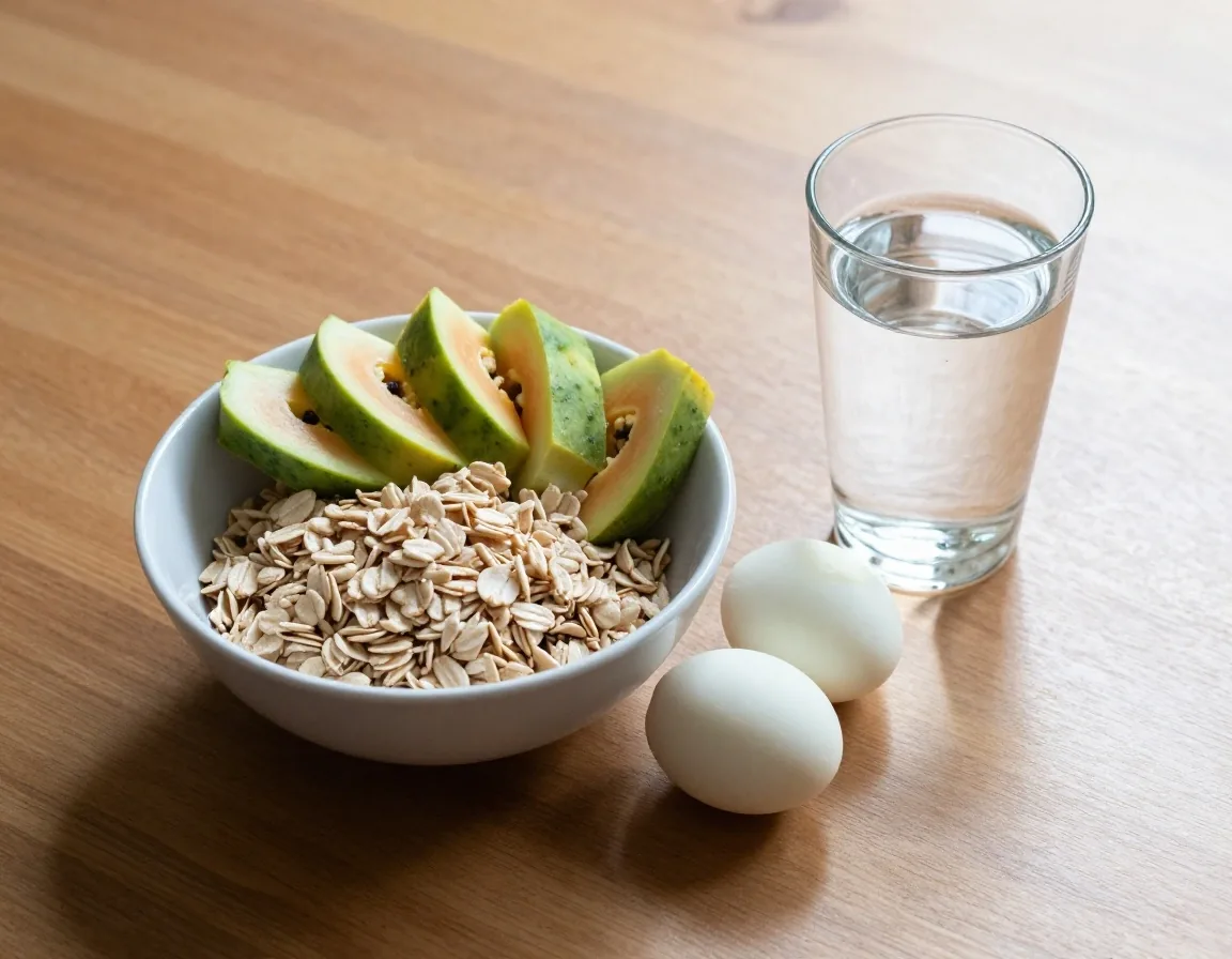 A protein and fibre breakfast with water on a wooden table