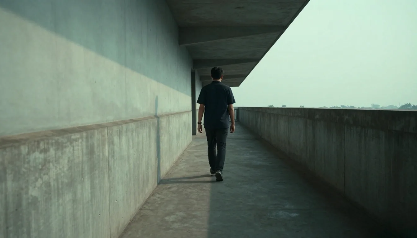A man walking a concrete corridor at first light during his morning routine