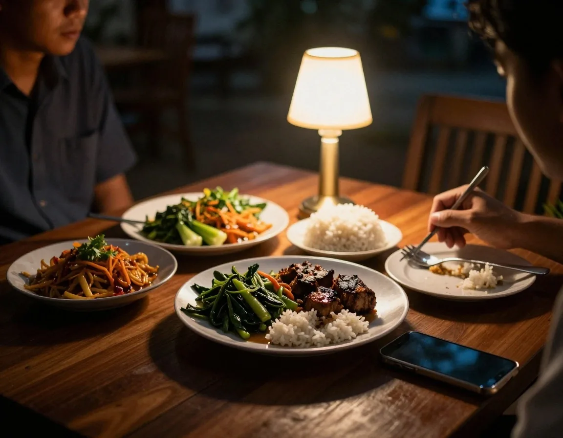 A simple evening meal of vegetables, protein and rice on a table at dusk