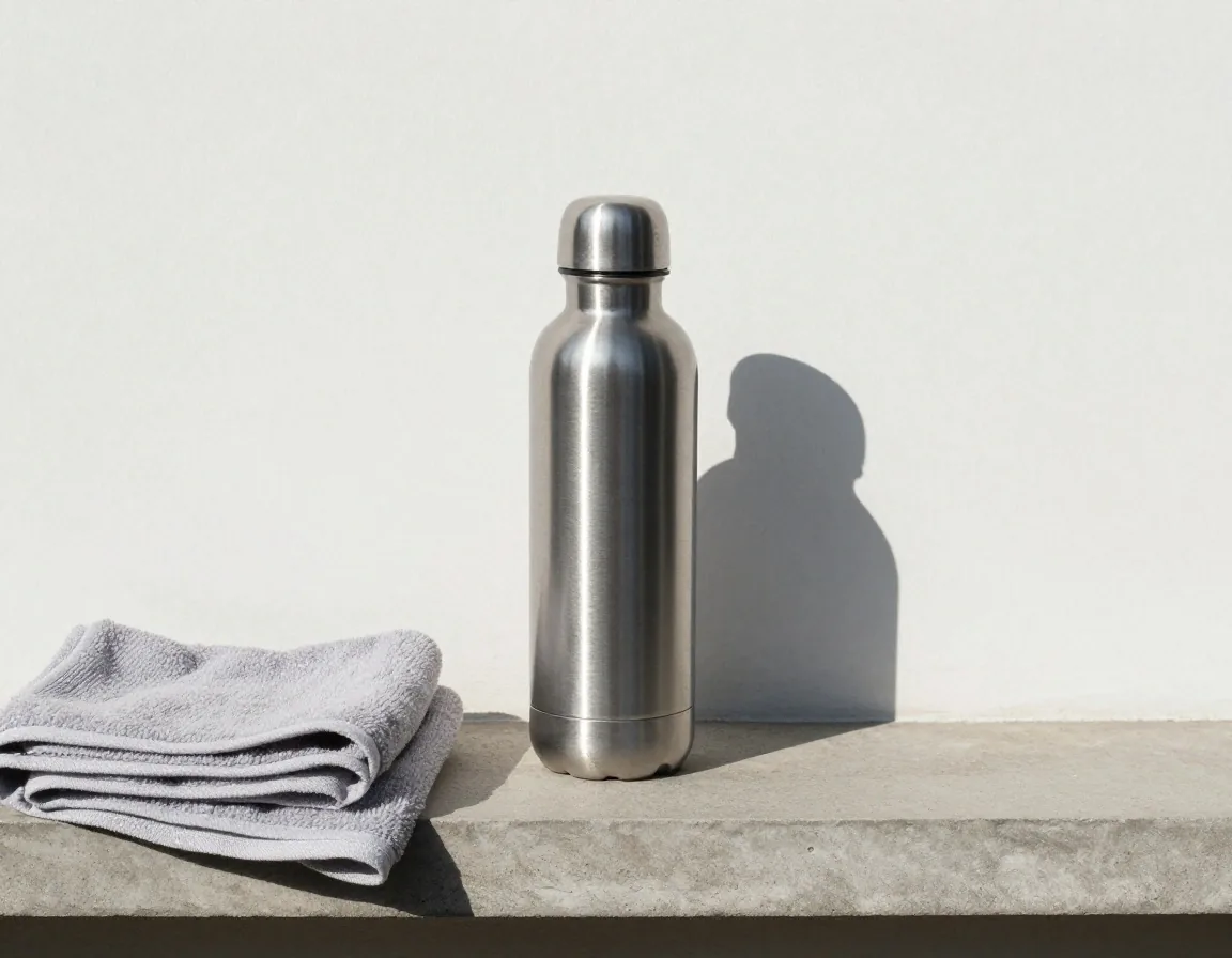 A water bottle and towel on a ledge during a hot midday break