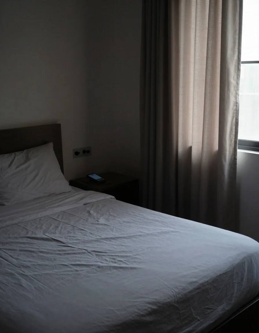 A plain bedroom at dawn with a rumpled sheet and a phone face-down on the bedside table