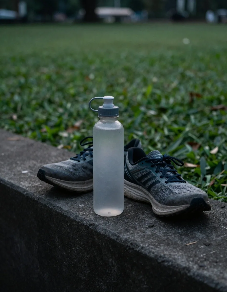 Worn running trainers and a plain water bottle left on a low concrete step in a park
