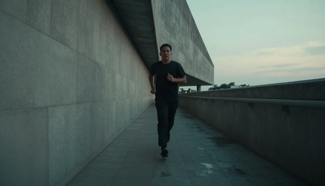A man running a concrete corridor at first light in Jakarta