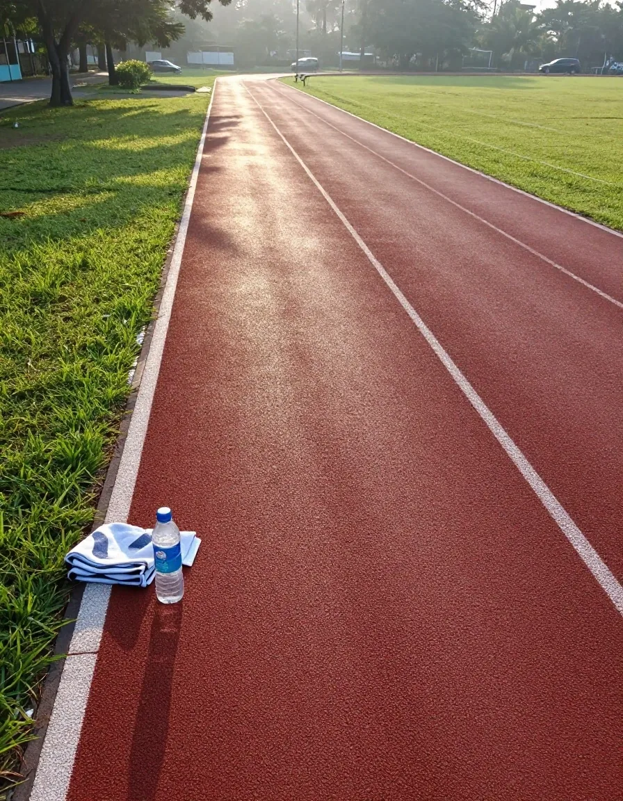 A gym floor with a mat, training shoes and a water bottle at dawn