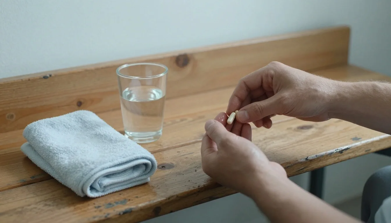 Hands opening a natural supplement capsule beside a towel and a glass of water