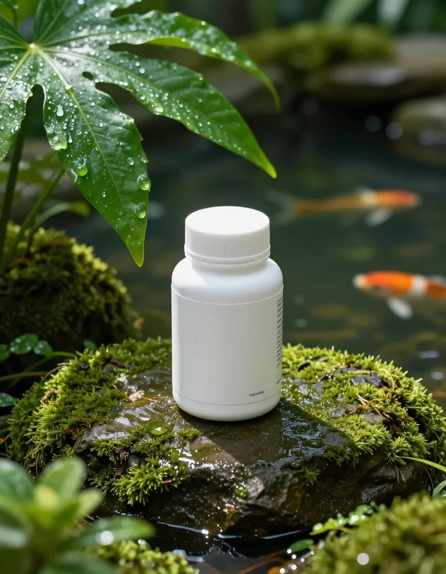 An unmarked supplement bottle on a wet slate slab in cool dawn light