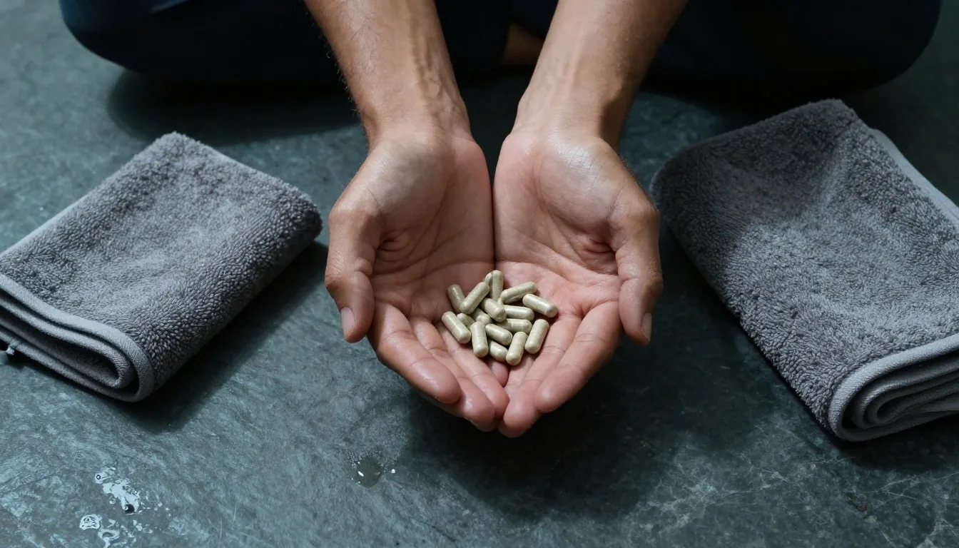 Hands holding a natural supplement capsule above a stone slab at first light
