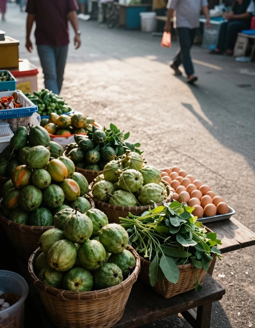 Jakarta market stall with guava, papaya and leafy greens at dawn