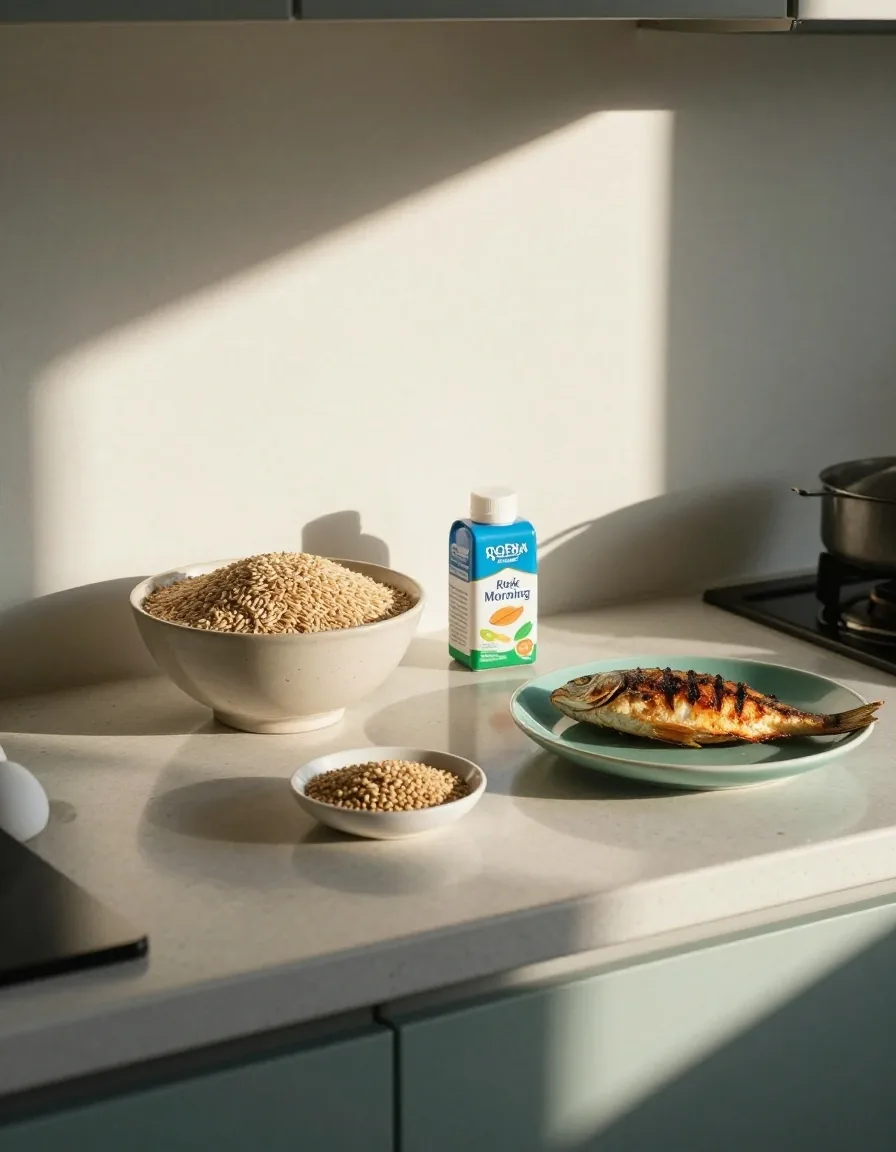 Kitchen counter with whole grains, seeds, eggs and grilled fish