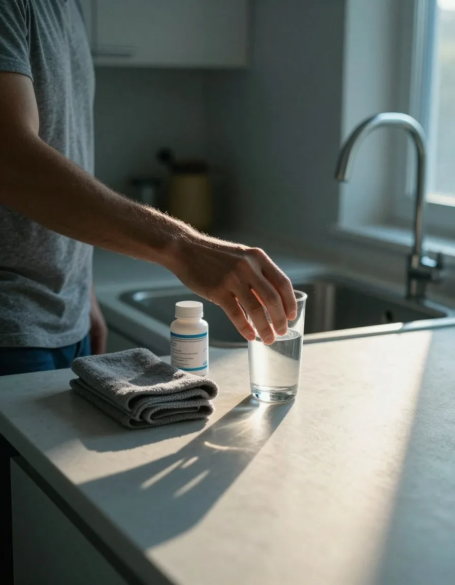 Man filling a glass of water beside an open supplement bottle at dawn