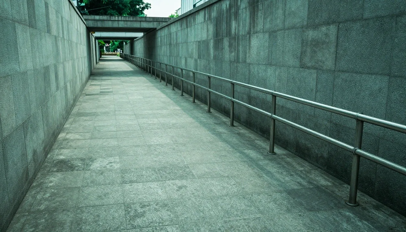 Concrete corridor in Jakarta at first light with cool emerald light on stone
