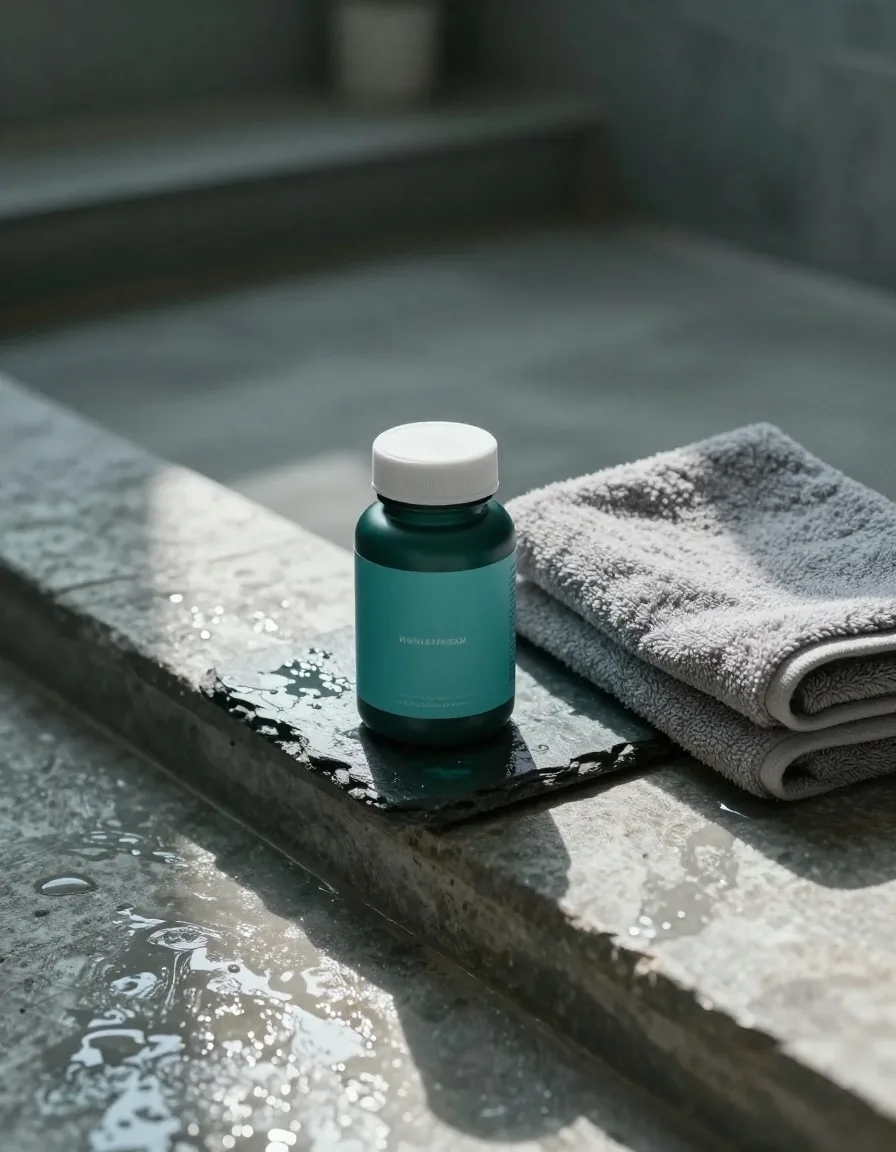 Matte supplement bottle on a slate slab beside a folded towel in dawn light