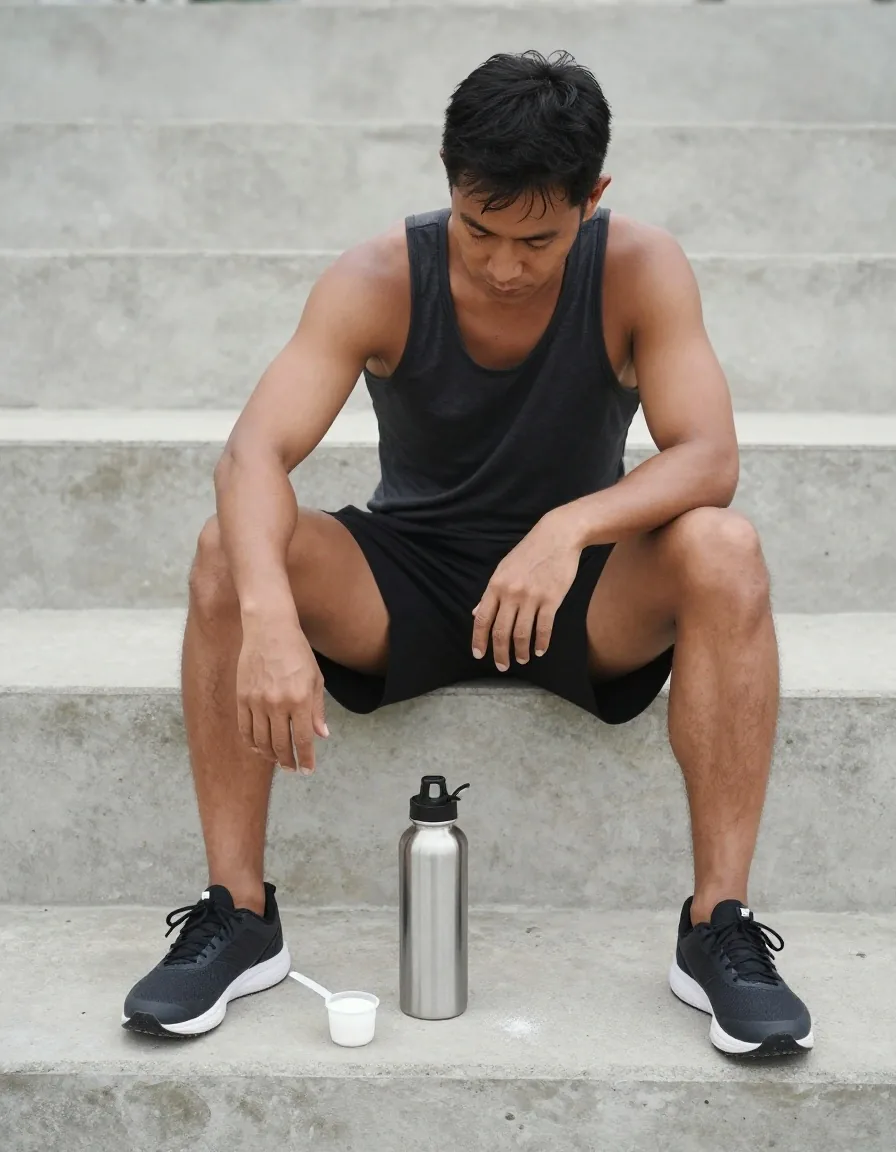Athlete resting on a concrete step with a water bottle and electrolyte powder