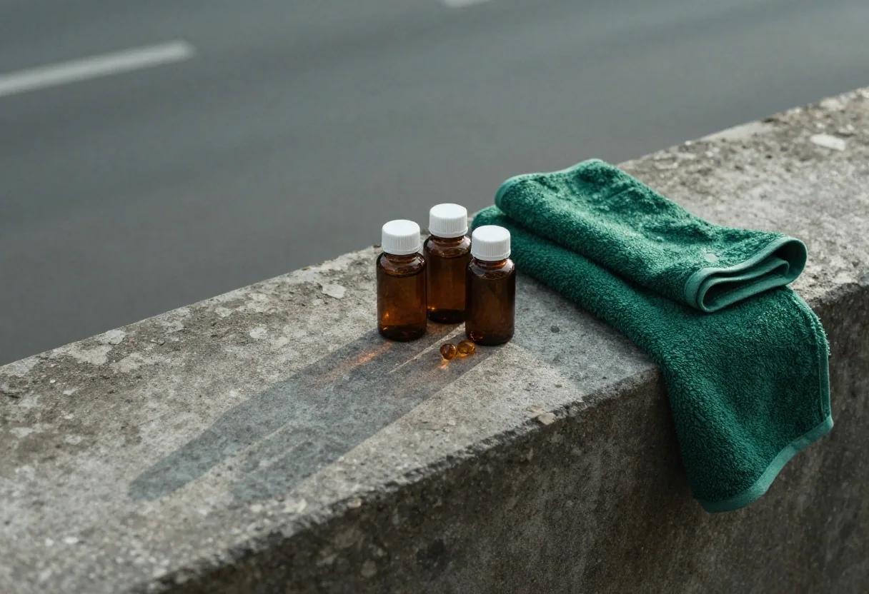 Natural supplement bottle on a wet slate slab in early morning light