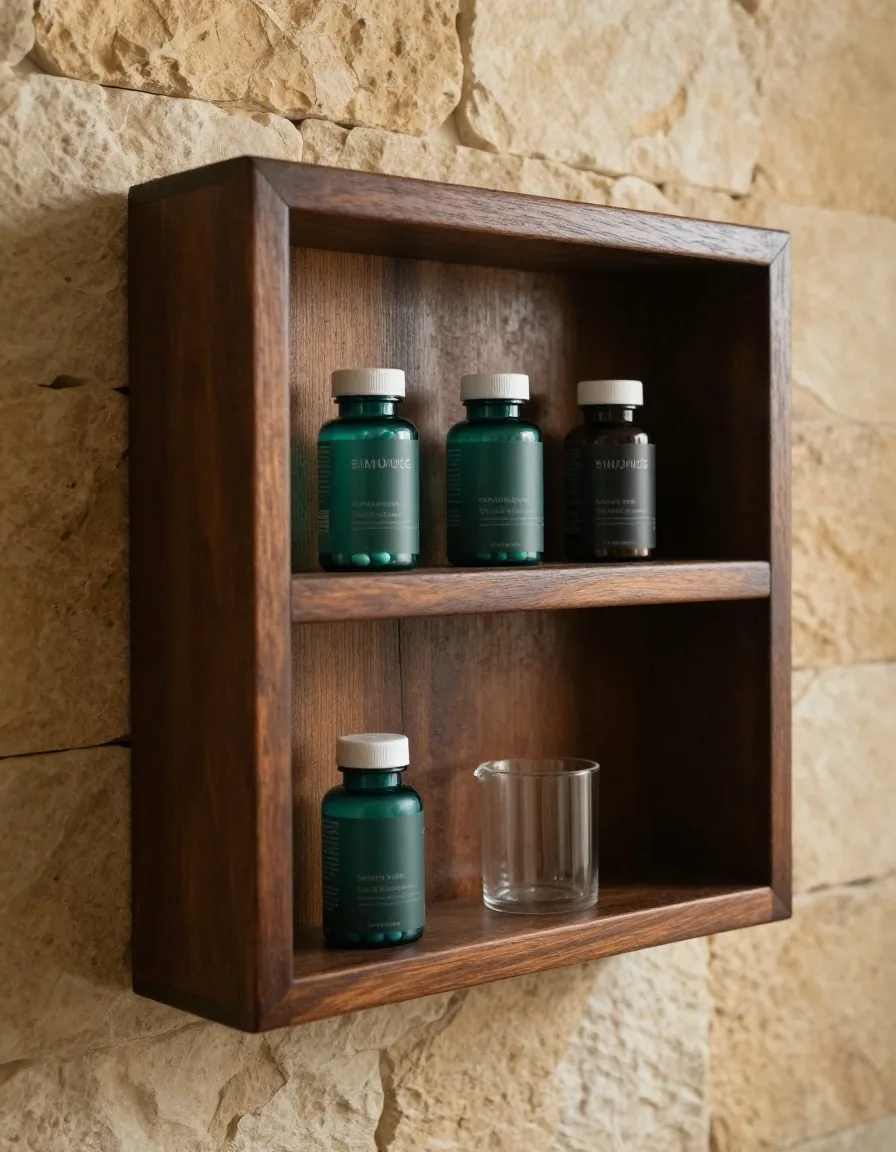 Shelf holding three unbranded supplement bottles against a stone wall