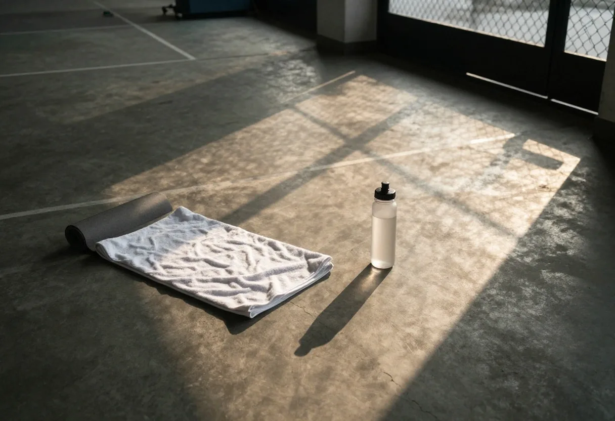 Towel, bottle and floor mat in a dawn locker room, the setting for an everyday routine